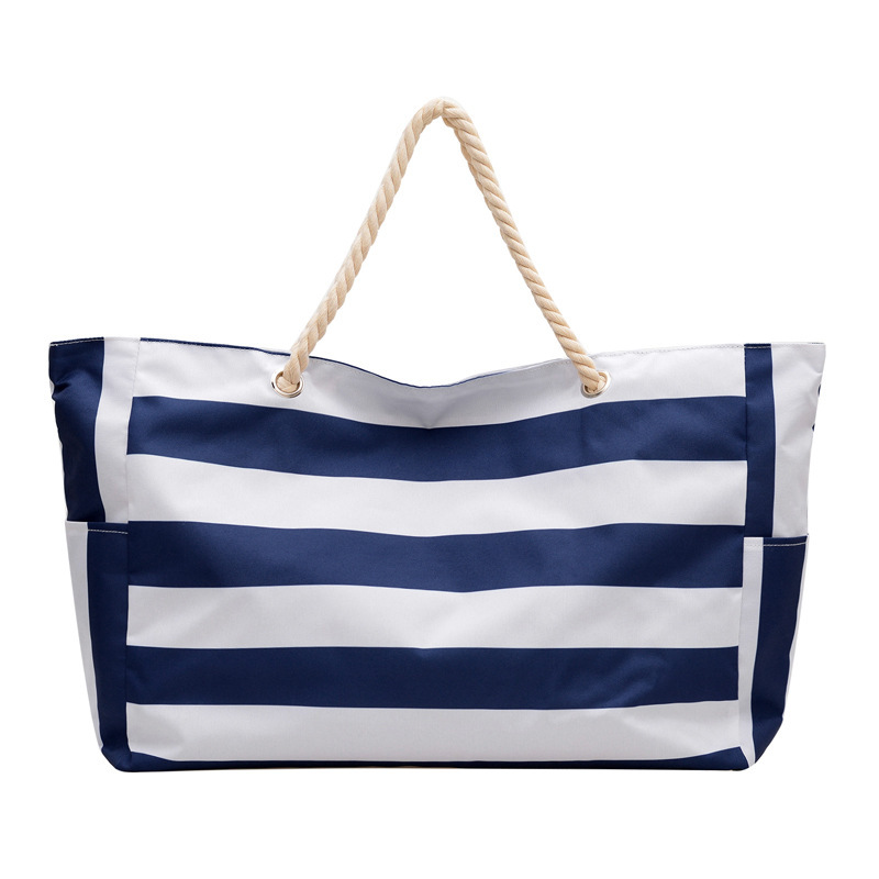 Bolsa Tote de Lona a Rayas de Lona Gran Capacidad con Cierre para Viajes, Compras y Playa image 6