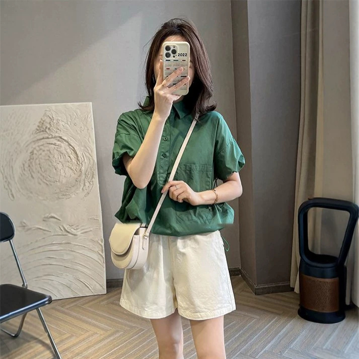 Quần short nữ ống rộng cạp cao dáng suông chất vải mỏng mùa hè — màu đen chi tiết 2
