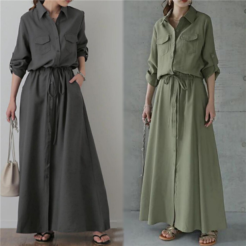 Foreign Trade Women's Dress Amazon Spring and Autumn New Women's Dress Lapel Long Sleeve Casual Solid Color Shirt Long Dress