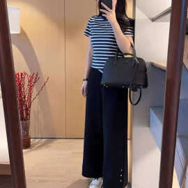 RL家 26夏季新款 时尚通勤白带定纺坑条修身版高弹条纹短袖T恤