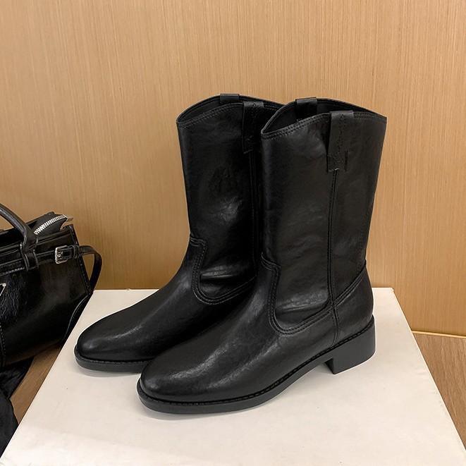 Botas cortas de cuero genuino estilo vaquero retro con punta redonda y corte en V, tacón grueso, para mujer, otoño e invierno.