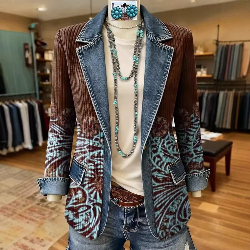 2026 Women's Vintage Aztec Art Print Patchwork Blazer 2026 Women's Vintage Aztec Art Print Patchwork Blazer
