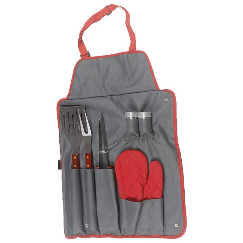 Acero inoxidable barbacoa mango de madera parrilla traje delantal bolsa de tela 7 piezas barbacoa herramientas a prueba de calor guantes fuente de fábrica