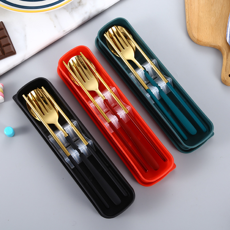 不鏽鋼便攜餐具套裝勺叉套裝叉子筷子勺子一套餐具三件套餐具盒