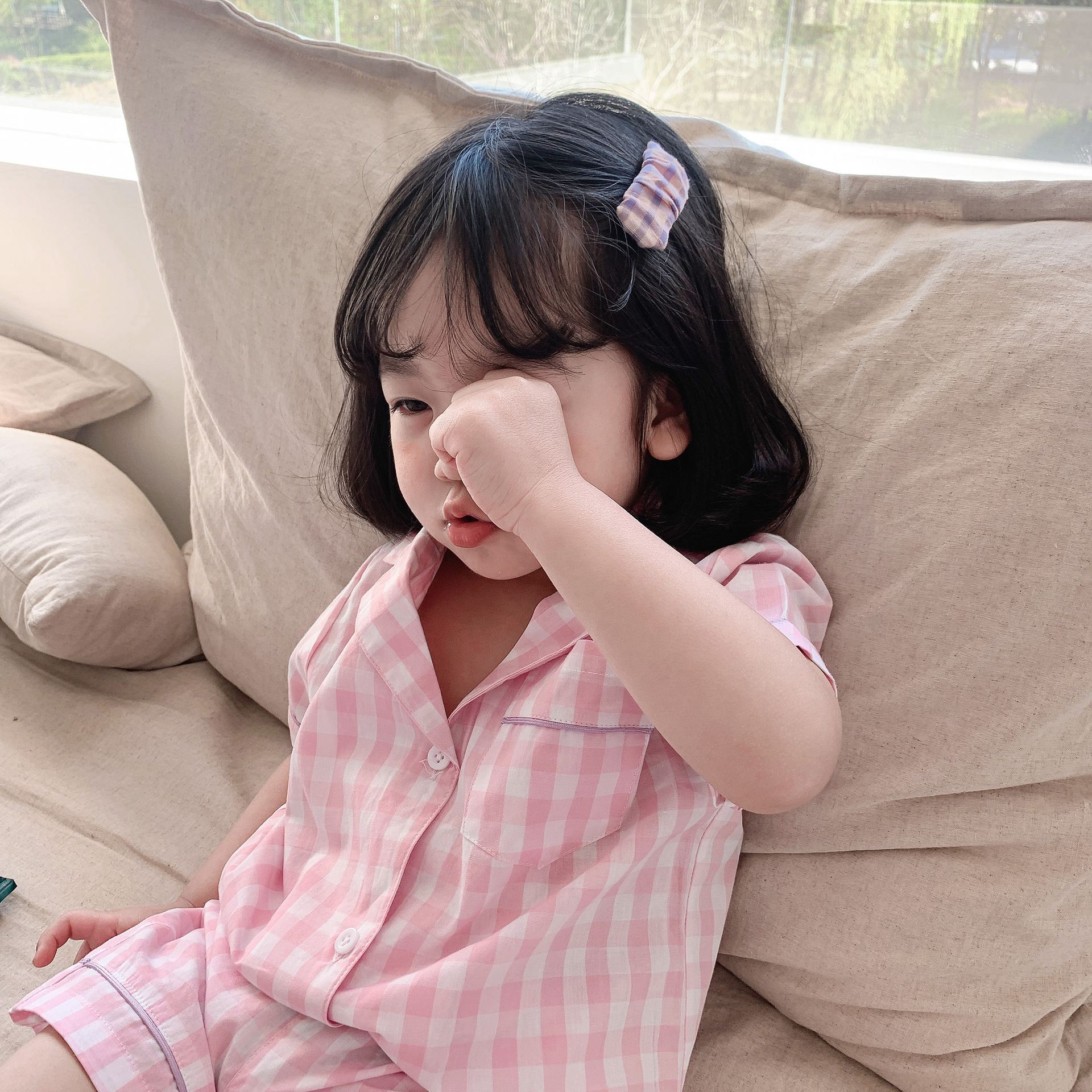 girl Summer wear Pyjamas Western style 2021 new pattern children lattice leisure time Korean Edition Summer wear Home service package