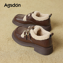 奥古狮登加绒乐福鞋女2025新款秋冬季复古英伦风小皮鞋配裙子棉鞋