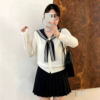 大码女装海军领针织开衫女2026秋款胖mm飘带薄款减龄外套女
