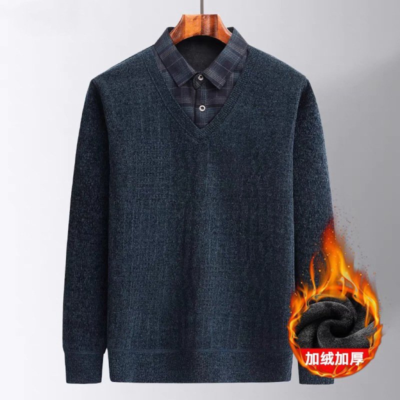 Chenille Fleece-Lined Thickened Winter Sweater for Dad, Warm Two-Piece Knitwear for Middle-Aged Men, Cold-Proof Base Shirt