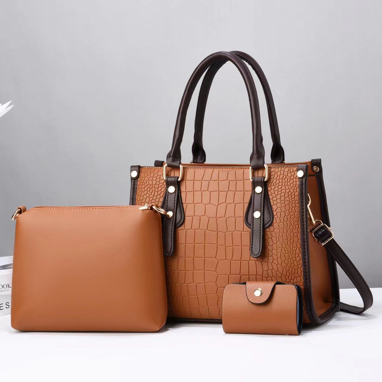 Large Size Women's Large Pu Leather Solid Color Crocodile Vintage Style Zipper Bag Sets Handbag