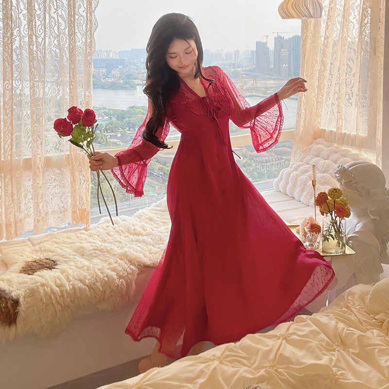 Red Nightgown Wedding Festive Sexy Lace Intimates Pure Color Mesh Ladies Ice Silk Long Skirt Bridal Dressing Gown