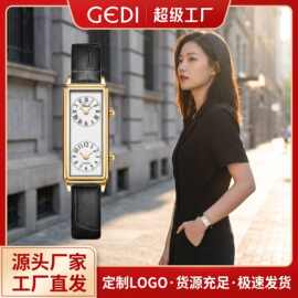 歌迪创意双时区商务腕表小众复古长方形高级感双机芯女士石英手表