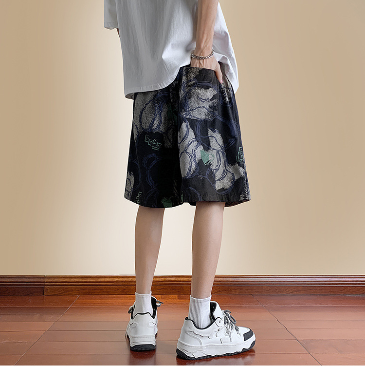 Men's Bear Print Drawstring Shorts, Loose Fit High Street Casual Shorts, Summer Streetwear Mid-Thigh Shorts_viptrois.com