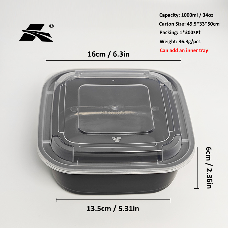 凯天餐盒高端餐盒PP创意美式正方形1000ml带盖高档轻食沙拉打包