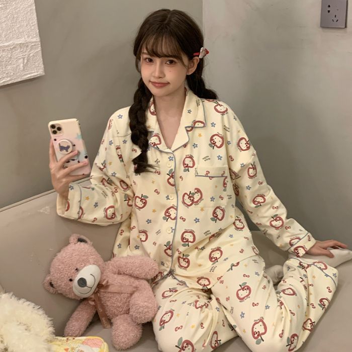 Al por mayor transfronterizo otoño nuevo cardigán pijama de mujer pull-frame algodón pantalones de manga larga con solapa set de ropa casera casual