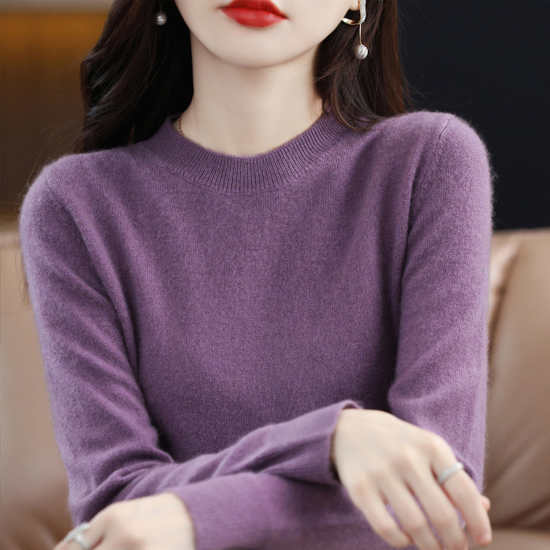 Otoño e Invierno 100% suéter de lana pura de las mujeres de cuello redondo Jersey corto de lana de manga larga suéter recto suéter a juego ropa exterior