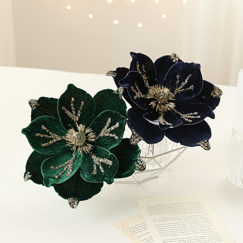 新品24CM粘粉植绒圣诞花玉兰花高档轻奢布艺圣诞节装饰品仿真花|undefined