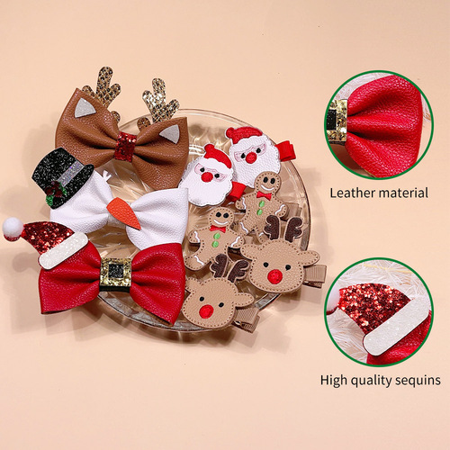 Children's Christmas Gingerbread Man Hair Clip European and American Christmas Leather Bow Side Clip Santa Claus Elk Headdress