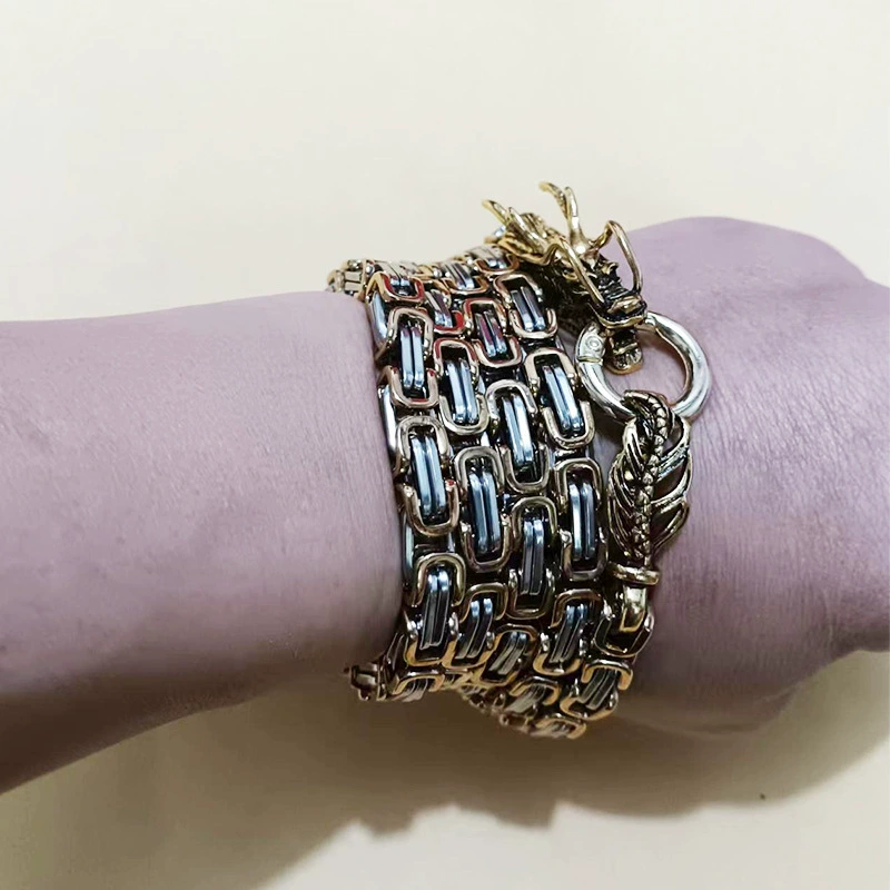 Мужская смелая толстая длинная цепочка из драконьей кости из титановой стали, двухцветная золотая и серебряная европейская и американская джинсовая цепочка, модный модный крутой аксессуар в стиле хип-хоп