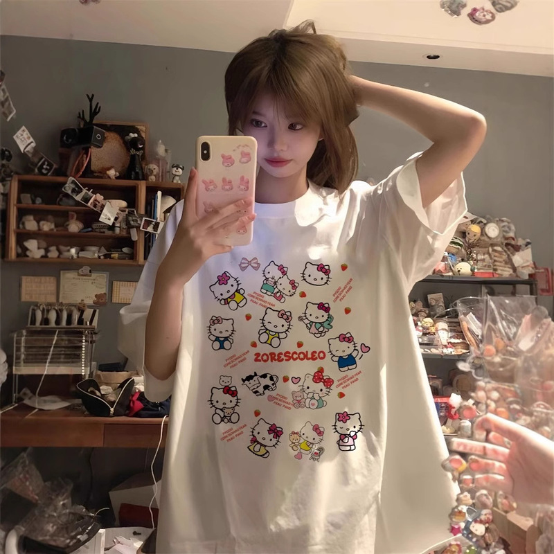 HelloKitty Short-sleeved Hello Kitty T-shirt Girls Summer Junior High School Senior high school Students Loose plus size Half-sleeved Top
