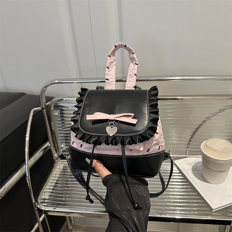 韩版百搭少女风手提小包包2025新款蕾丝花边高颜值休闲双肩背包|undefined