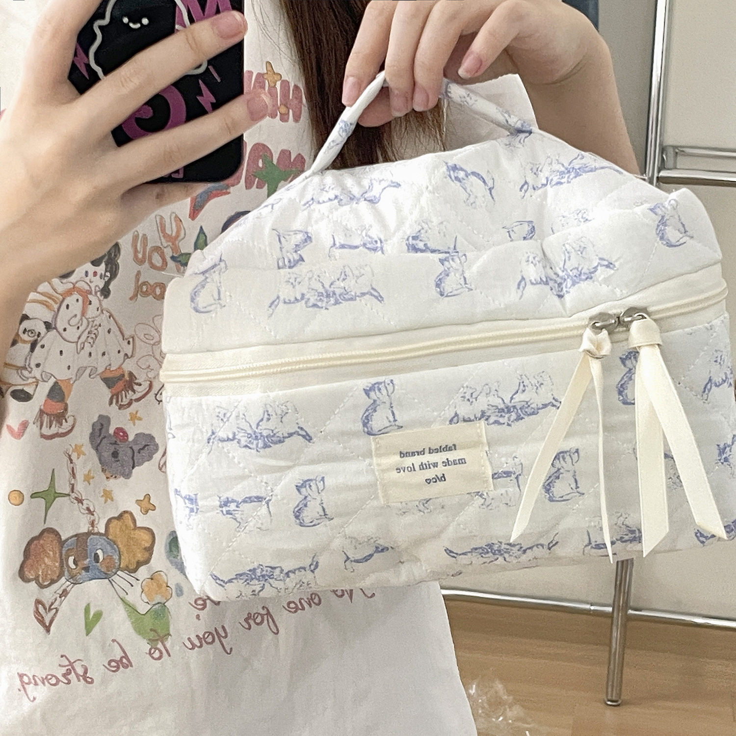 Bolsa de cosméticos floral marino de gran capacidad de algodón portátil lindo acolchado bolsa de almacenamiento de cosméticos bolsa de lavado suave