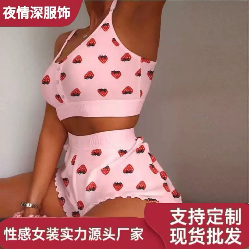 2025 Foreign Trade Cross-Border Popular Fashion Heart Strawberry Print Sling Hot and Close-Fitting Two-Piece Home Clothes Sweet