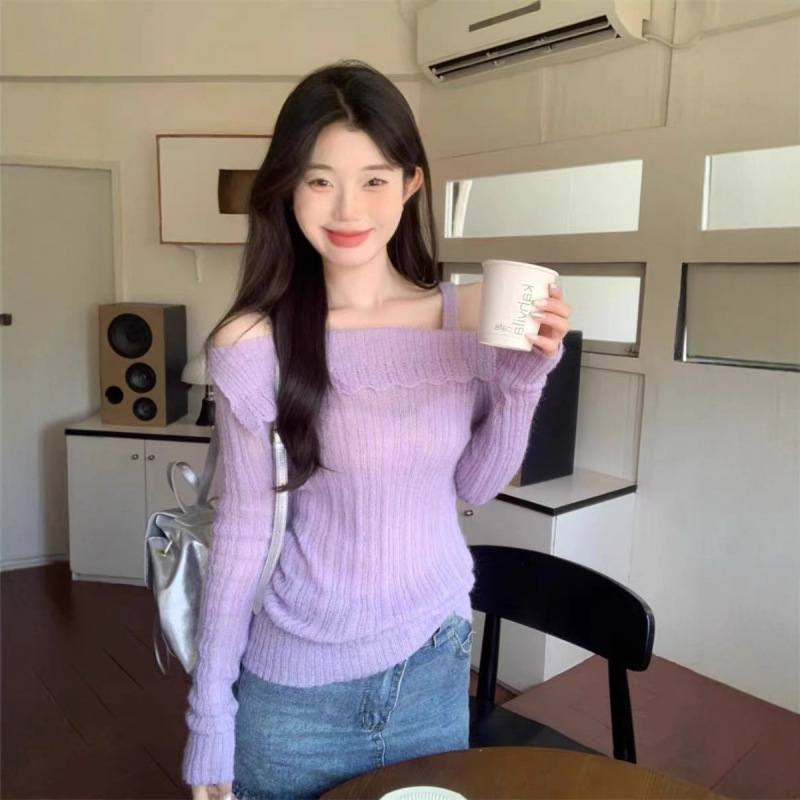超好看紫色一字肩毛衣纯欲风设计感吊带针织衫上衣女春季2025新款|undefined