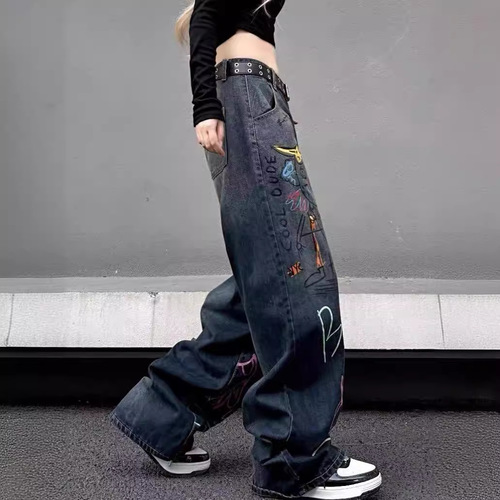 American Retro Street Graffiti Denim Jeans for Children and Women - Spring National Trend, Unique, Loose, Slimming, Straight, Wide-Legged, Floor-Length Pants