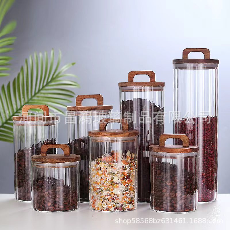 Latas de vidrio rayadas selladas latas selladas de madera de acacia de gran calibre latas selladas de alta borosilicato a prueba de humedad latas de almacenamiento de granos de café de té image 3