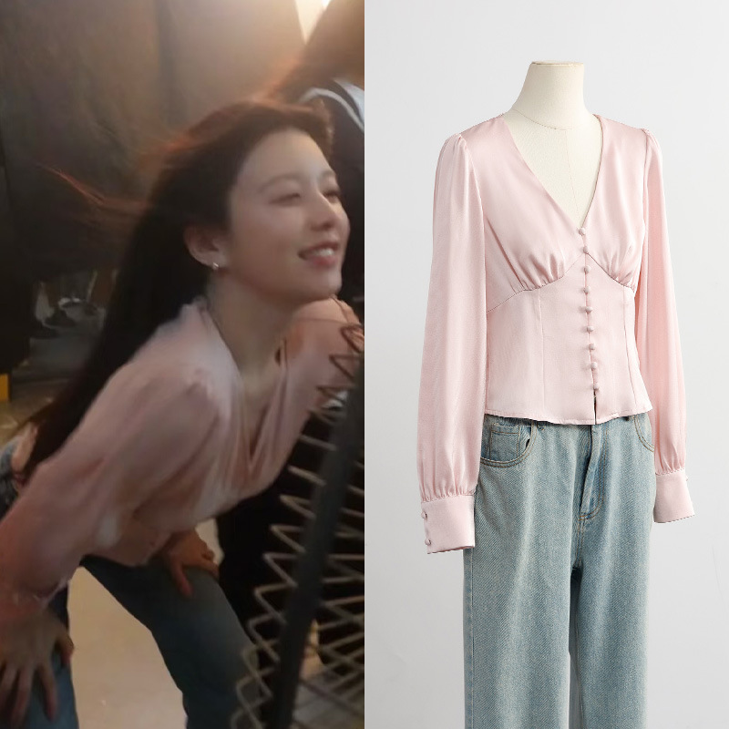 [in Stock] Gao Yunzhen Style Deep V-Neck Multi-Button Design Unique Waist-Cinching Satin Cardigan Puff Sleeve Shirt Top
