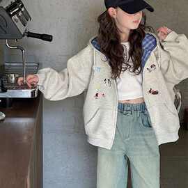 女童春秋季外套新款洋气中大童女孩宽松百搭休闲上衣连衣格子外套
