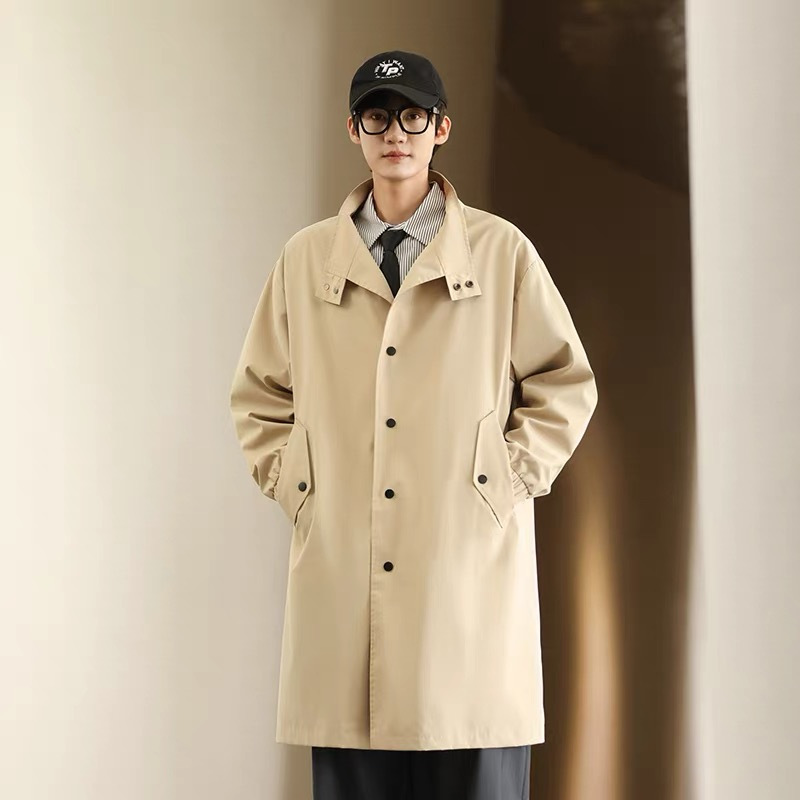 Spring and Autumn Men's Mid-Length Stand-Collar Single-Breasted Trench Coat, Loose Casual Oversized Lapel Jacket, British Style