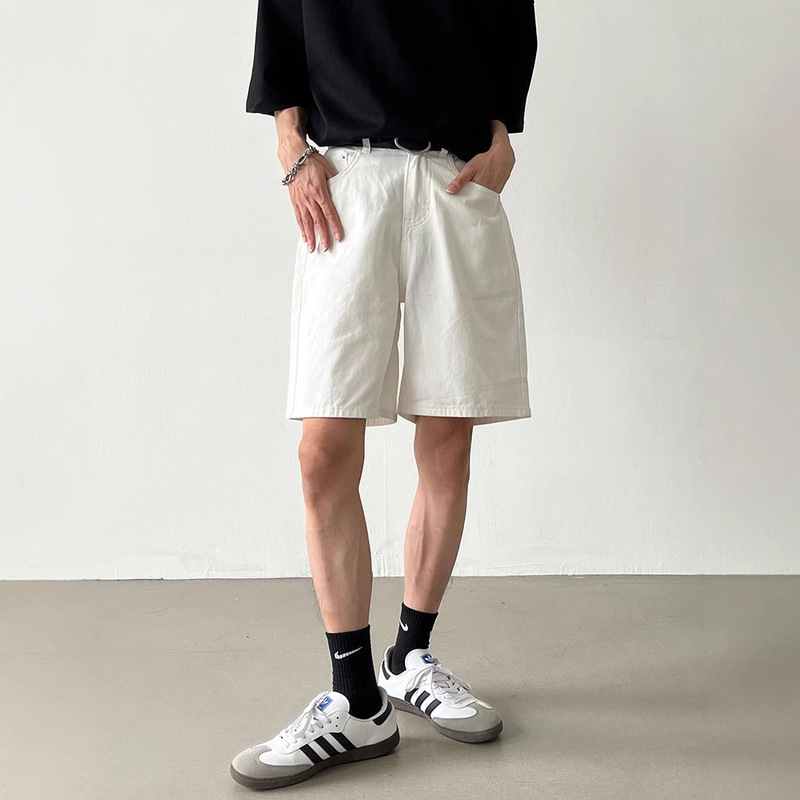 2025 New Summer White Denim Shorts Men's Trendy Korean-style Solid Color Casual Pants Straight Loose All-match