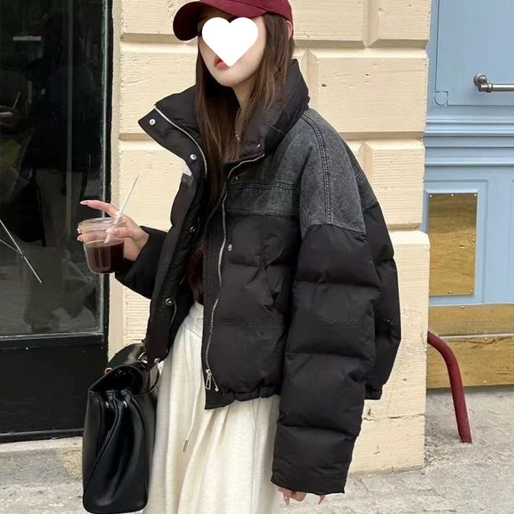Stand Collar Denim Splicing down Jacket Cotton Women's European Station 2025 Winter New Korean Style Slimming Look Warm Thickeneded Jacket
