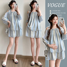 潮妈温柔风减龄孕妇装时尚露肩防晒衬衫上衣阔腿短裤夏季两件套装