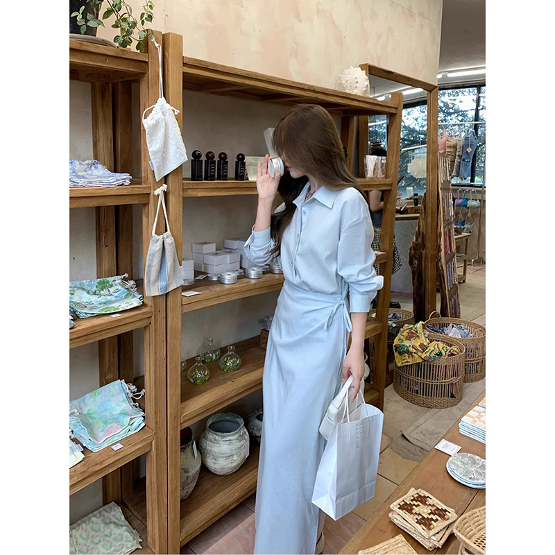 高级感假两件蓝色衬衫连衣裙女早秋季小众设计显瘦气质POLO长裙