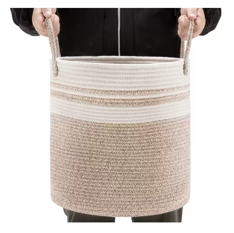 棉绳编织收纳筐圆形杂物收纳盒棉线带把手脏衣篮玩具筐整理筐