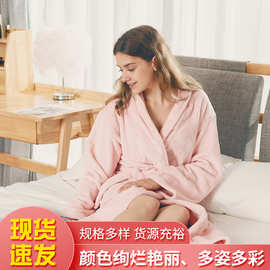 欧美定制情侣家居服套装法兰绒加厚浴袍翻领纯色居家睡袍厂家直销