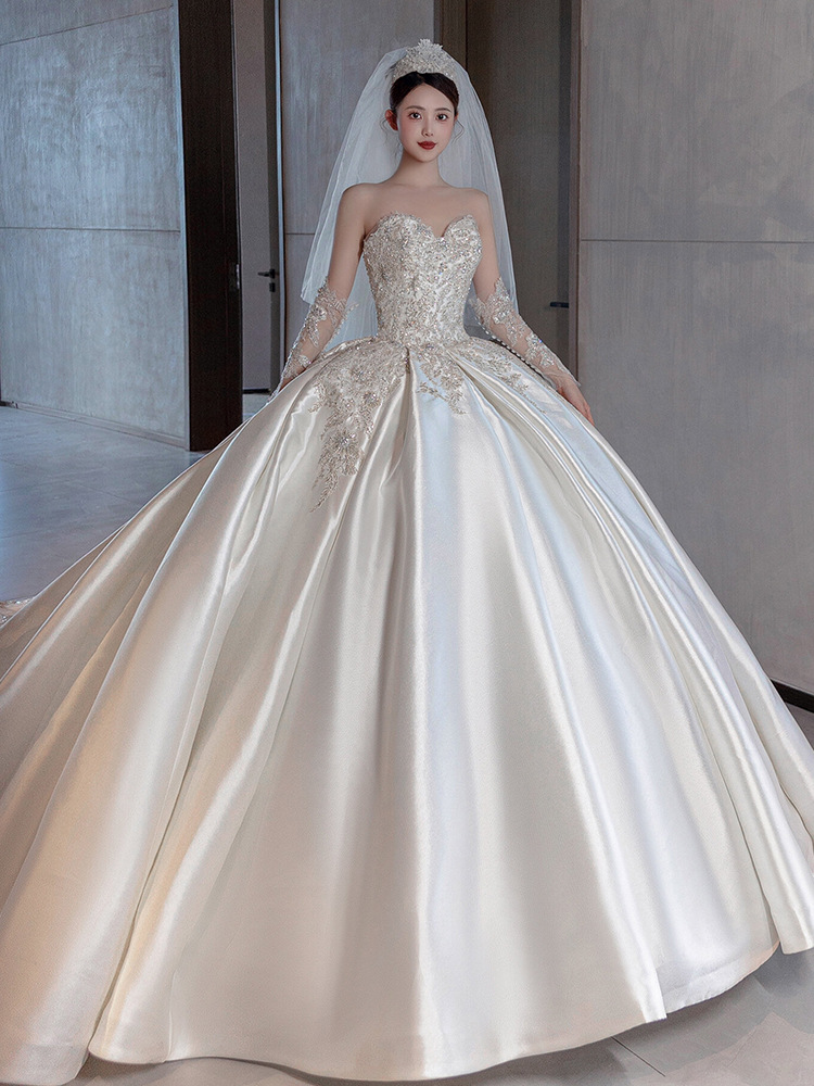 Vestido de boda satén 2026 nueva novia pequeña hilo principal retrógrado francés pecho alto hilo blanco de salida image 6