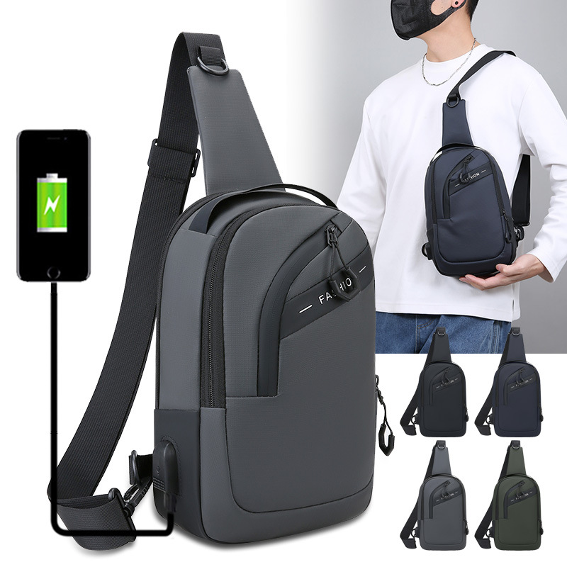 Bolsa de pecho, mochila de hombre, película de cuero a prueba de rociadores, bolsa de pecho de hombro, bolsa de brazo inclinada, mochila recargable USB de gran capacidad