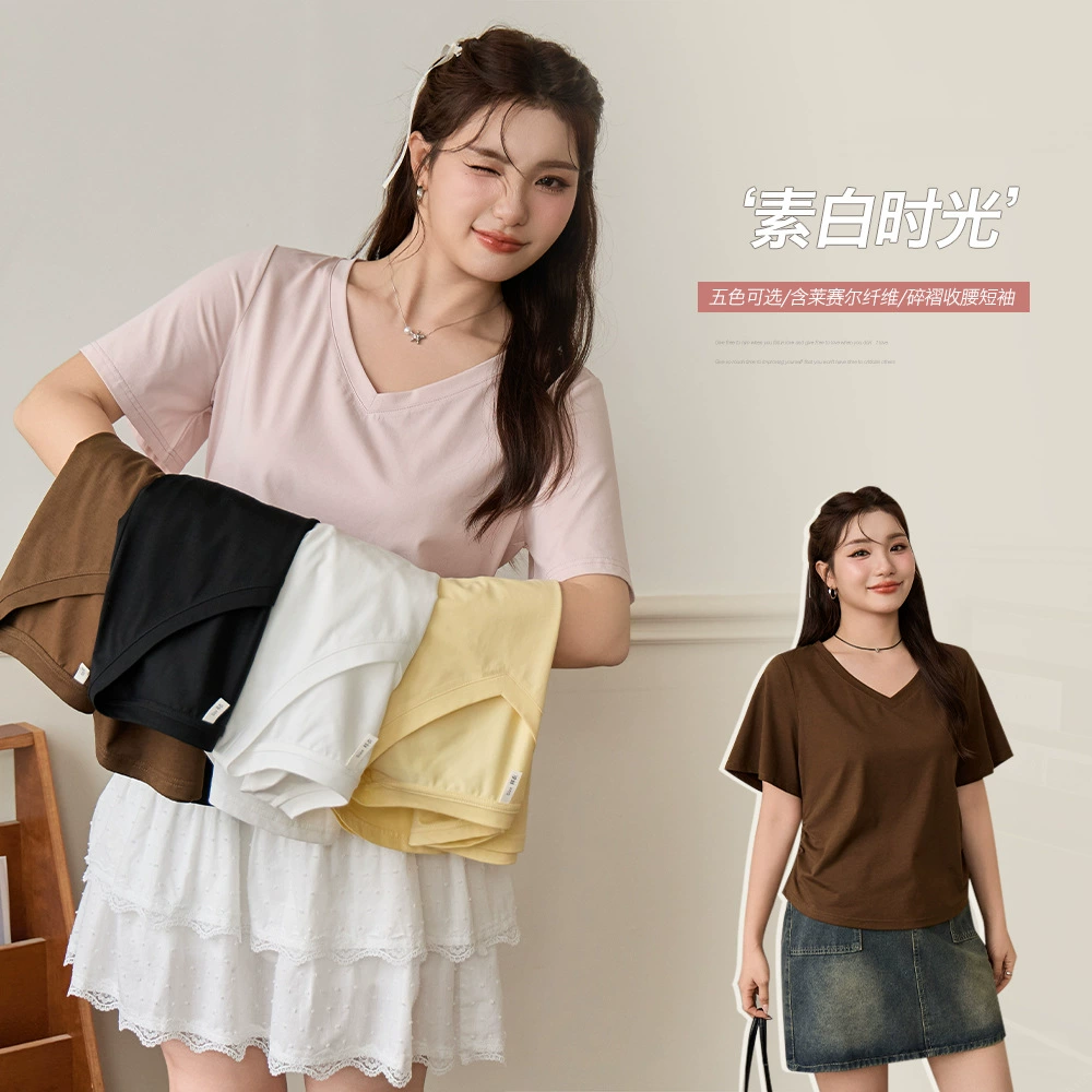 Корейский сшитый V-образный вырез Лезель Волокна Хлопчатобумажный T топ толстый мм большой размер талии тонкая футболка с короткими рукавами 65425