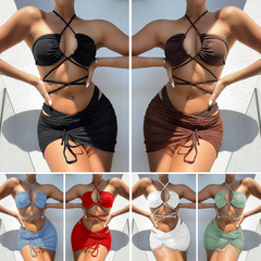 2021 AliExpress European and American Women's Separate Swimwear Solid Color Sexy Bandage Pleated Three-Piece Bikini Wholesale