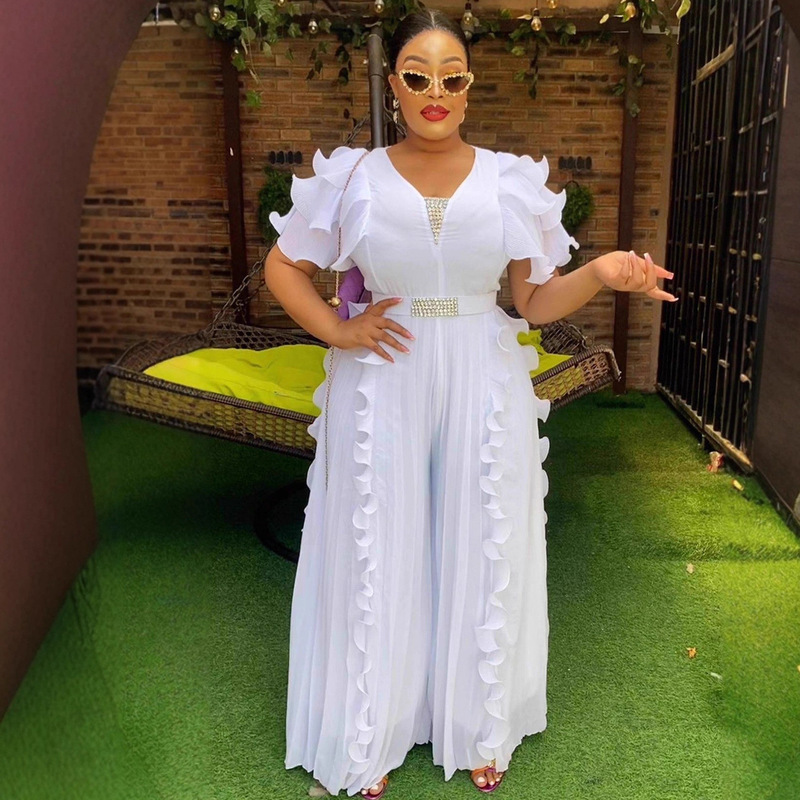 Plus Size Women's V Neck Ruffle Jumpsuit Rhinestone Waist Slimming Wide Leg Romper Party Dress Jumpsuit