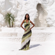 亚马逊欧美ins性感V领修身包臀露背长裙数码印花韩国丝吊带连衣裙