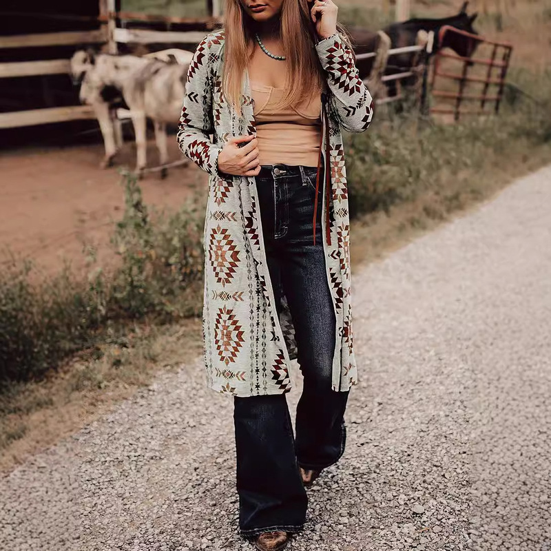 European and American Casual Outerwear Long-Sleeved Cardigan Cross-Border Autum New Cashmere Bohemian Printed Long Jacket Top