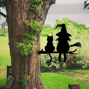 Wholesale Amazon witch and cat outdoor silhouette courtyard farmhouse lawn fence wrought iron metal decorations ornaments