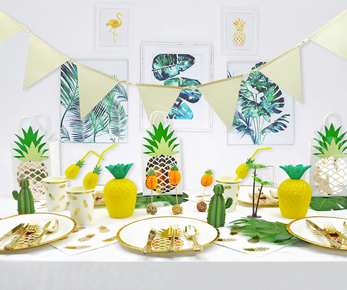 New hot stamping pineapple white disposable tableware paper plate paper cup tissue set adult party wedding decoration