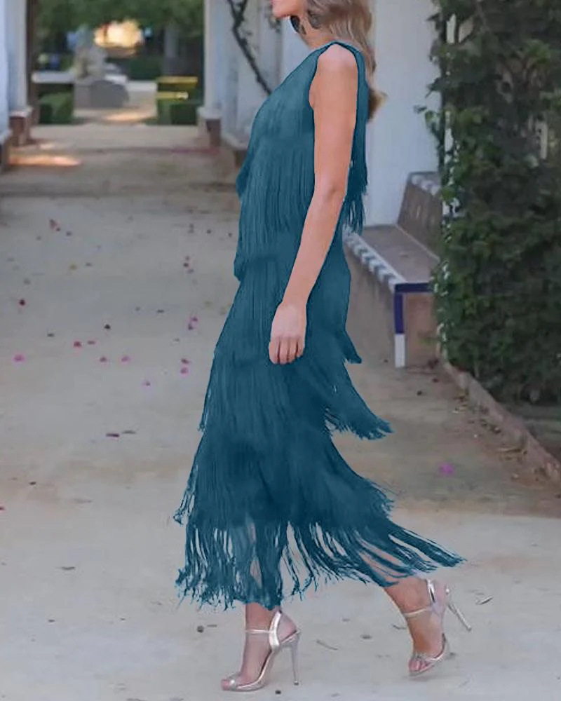 2024 Spring Summer New European And American Foreign Trade Fashion Tassel Asymmetric Off-Shoulder Dress Evening Gown_ecoleips.com