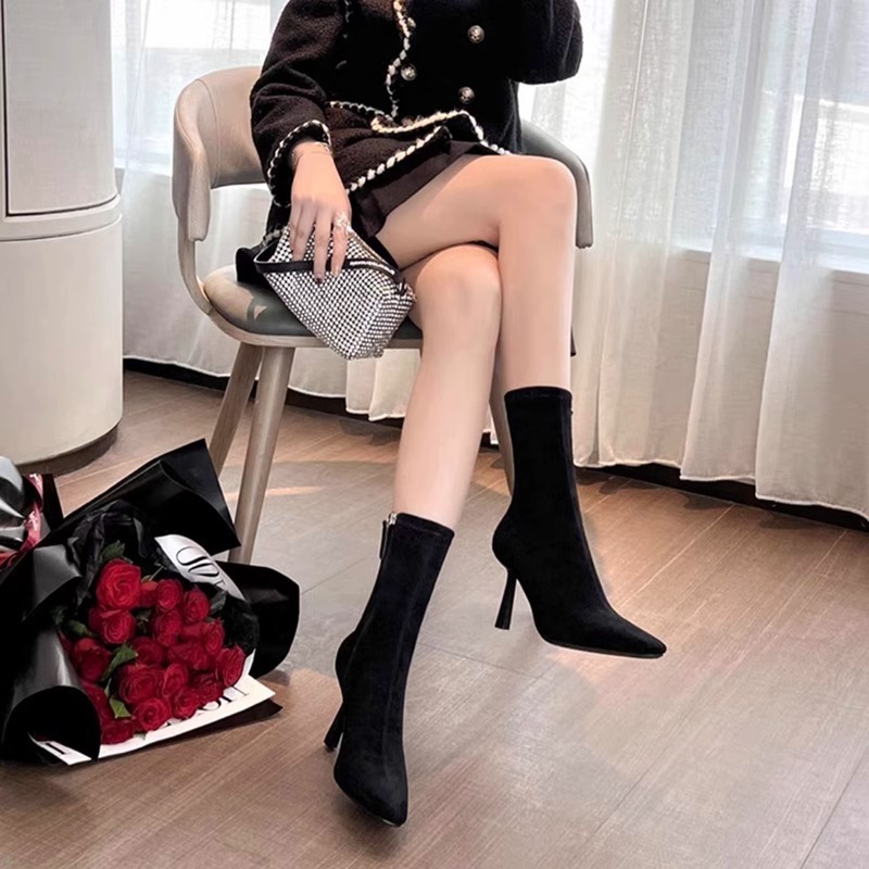 高跟短靴女2025春秋细跟中筒瘦瘦靴小方头显瘦气质绒面弹力靴|undefined
