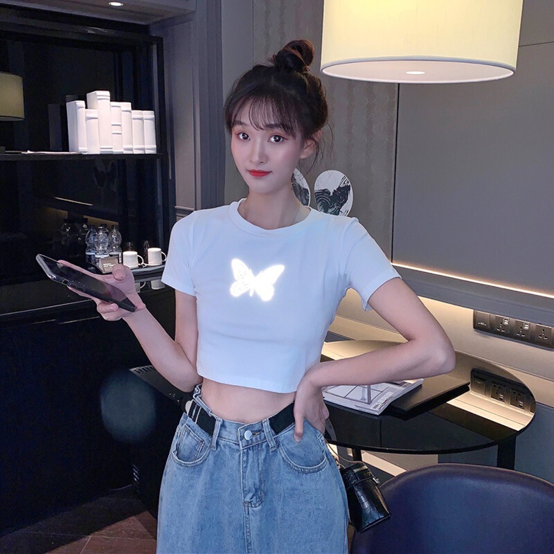 Luminous Butterfly Short-Sleeved T-Shirt for Women Summer 2025 New Navel-Baring Black Bottoming Shirt Sexy Short Top
